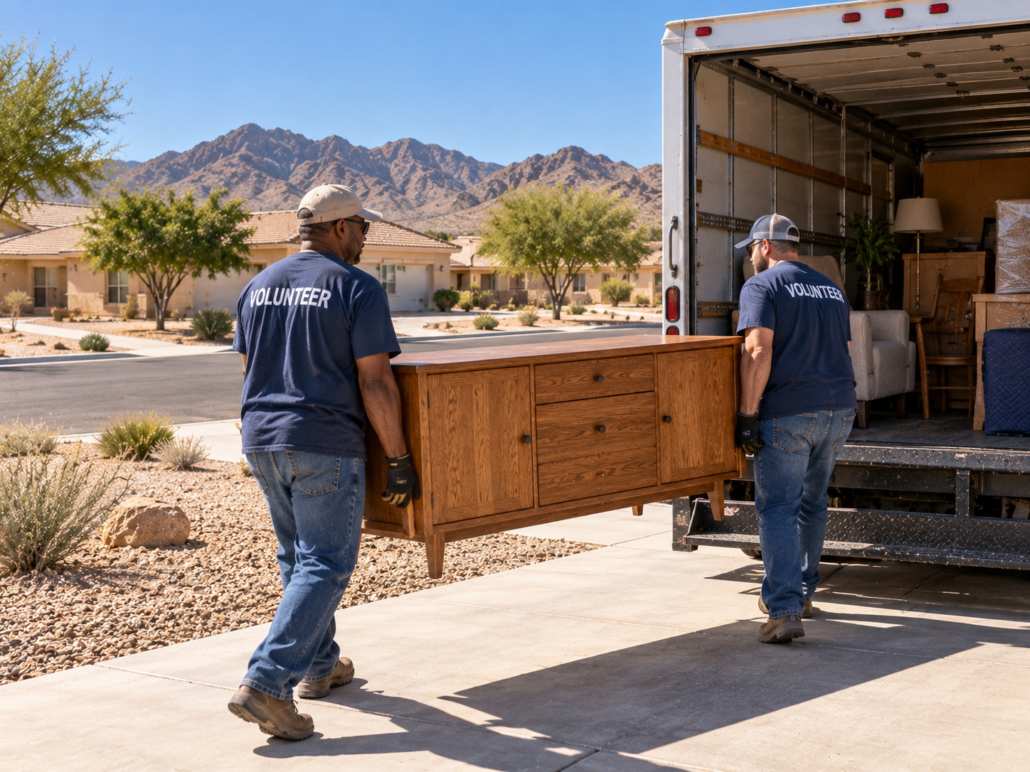 Two volunteers carrying a solid oak sideboard down a driveway toward an open donation box truck