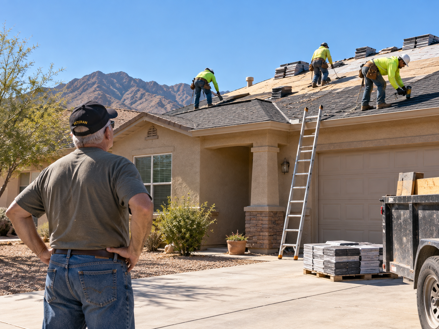 Older veteran in a ball cap watching a roofing crew replace shingles on his El Paso home
