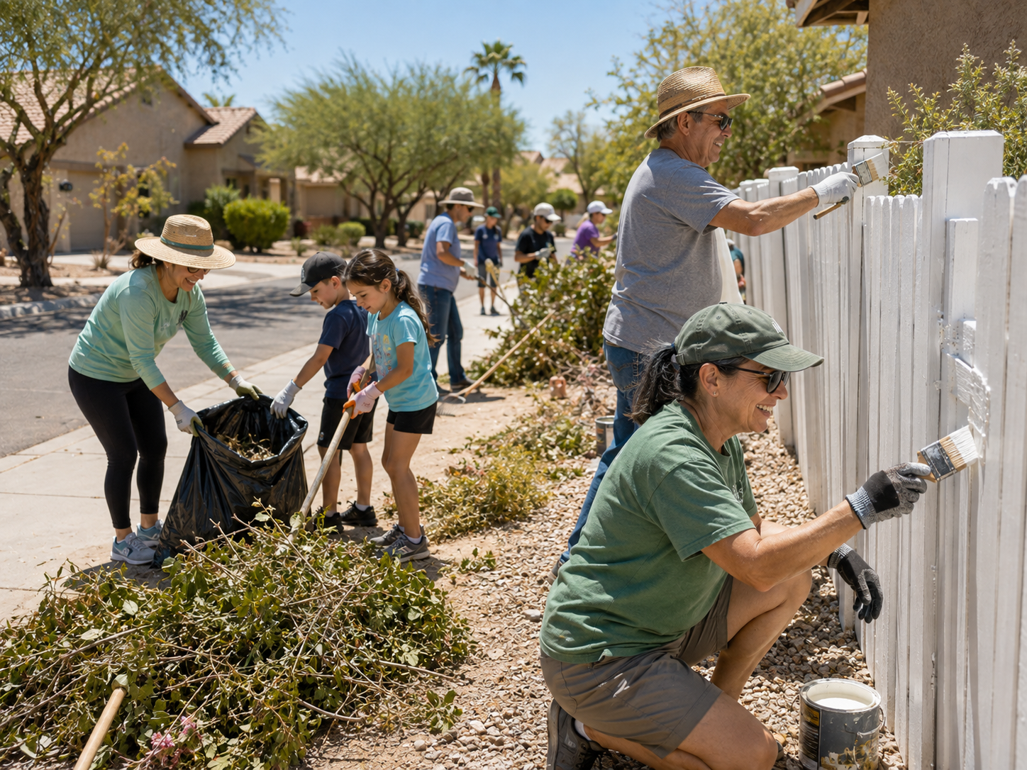 Neighbors in gloves and sun hats painting a fence and clearing yard debris along a sunlit street