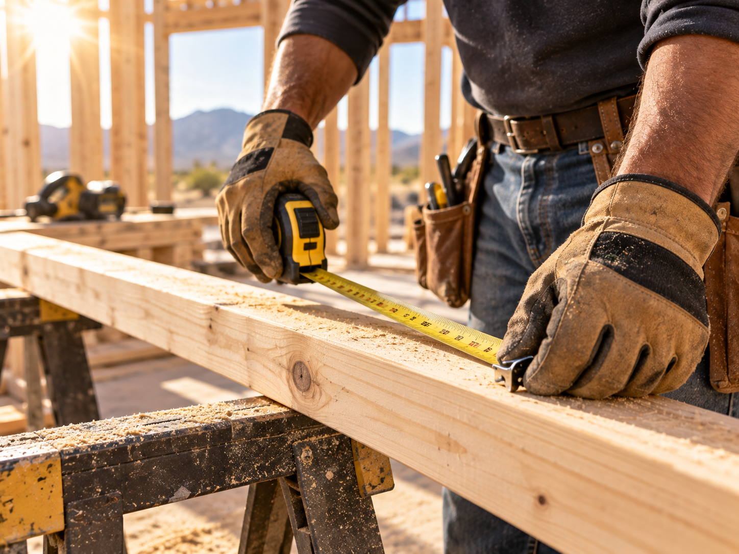 Work-gloved hands measuring a pine stud on a sawhorse with sawdust catching the morning light