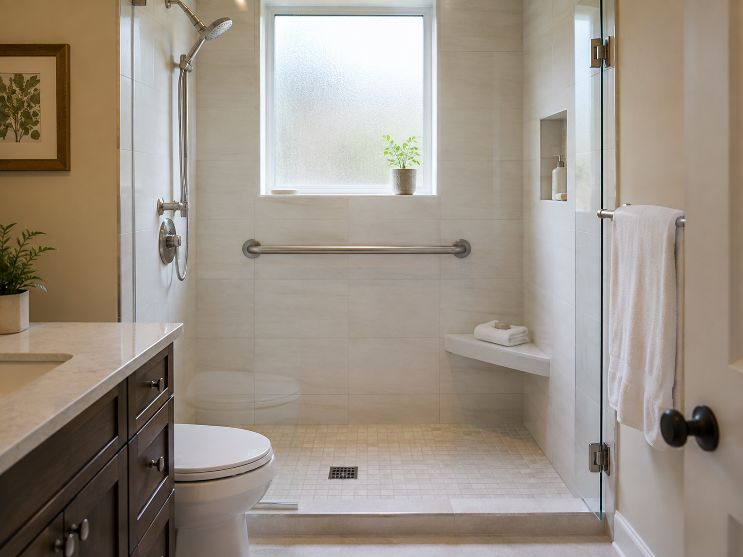 Modern walk-in shower with a low threshold and sturdy grab bar in a small tiled residential bathroom