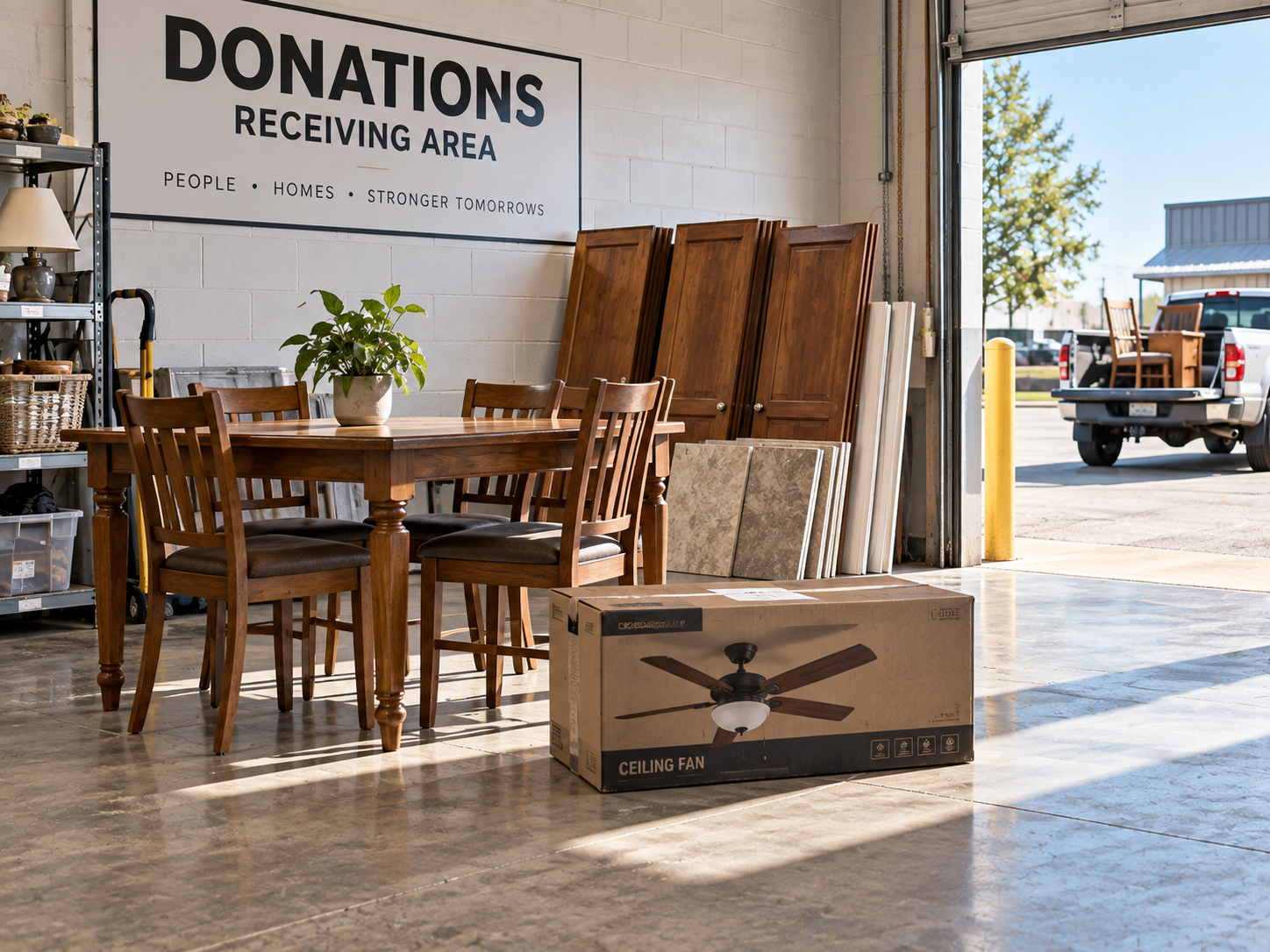 Donated dining table, boxed ceiling fan and stacked tile staged in a bright donation receiving bay