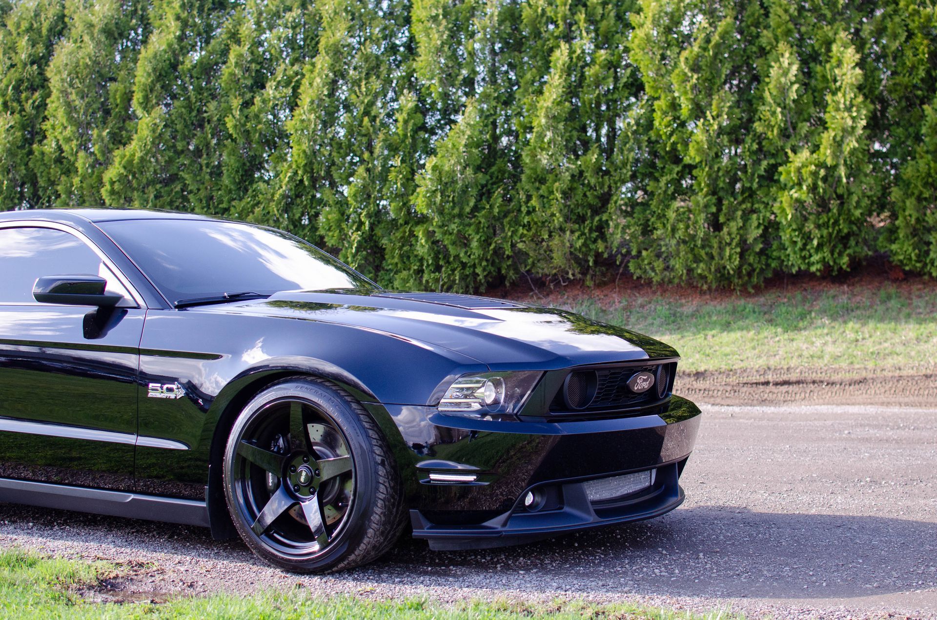 Black sports car parked on a road beside a green hedge