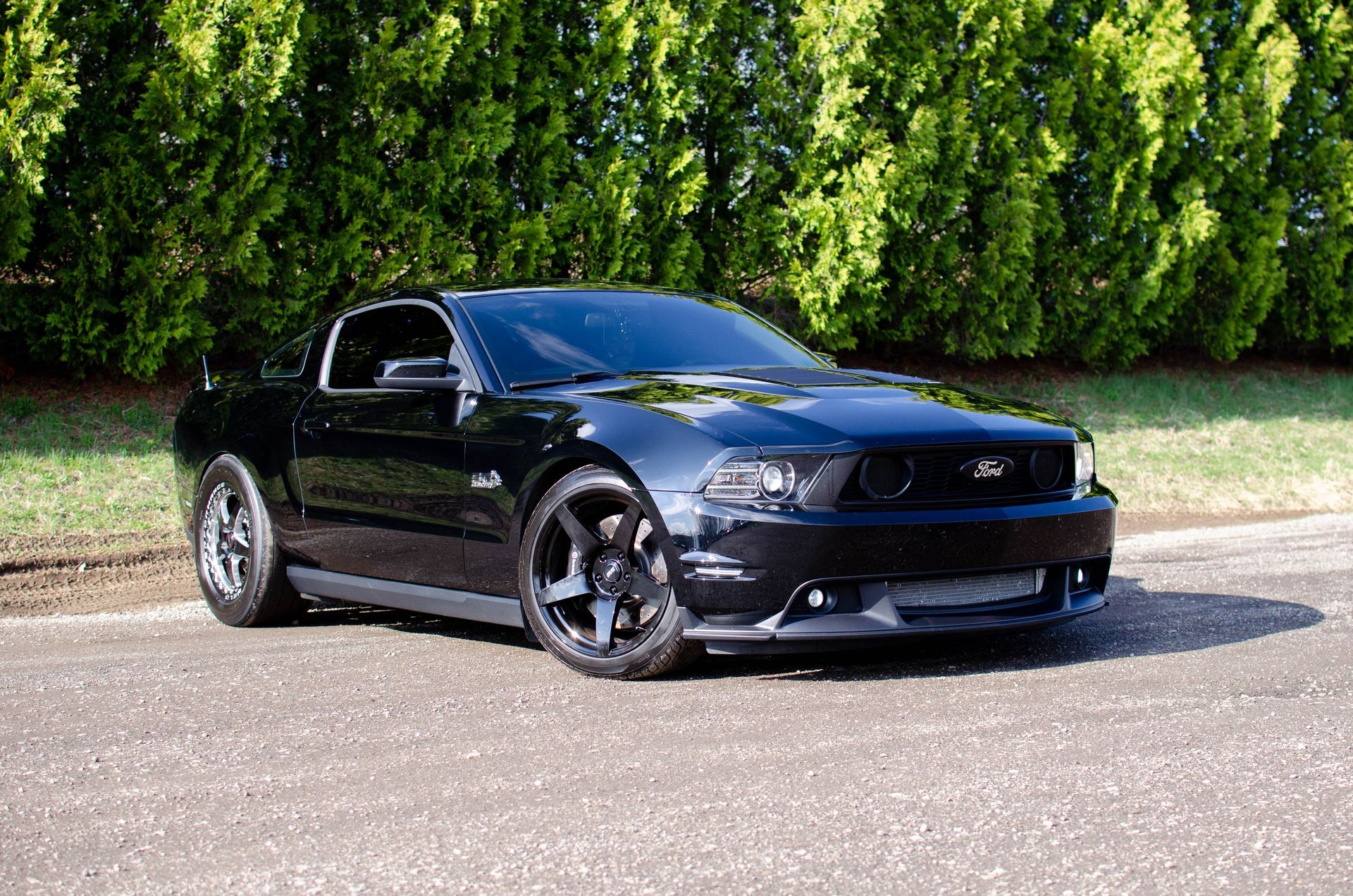 Black sports car parked on a paved lot with green trees in the background