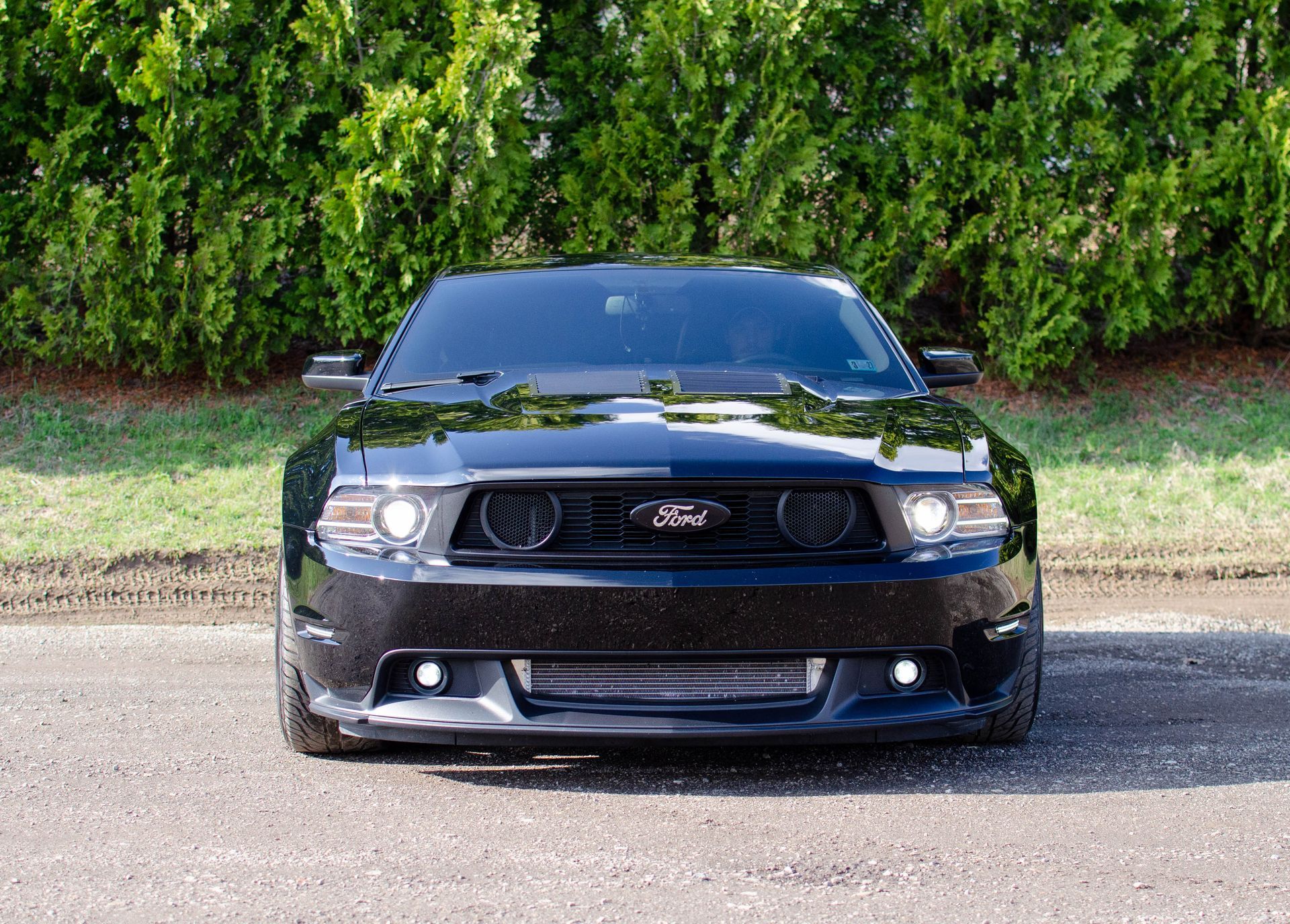 Black sports car parked on a road in front of green hedges