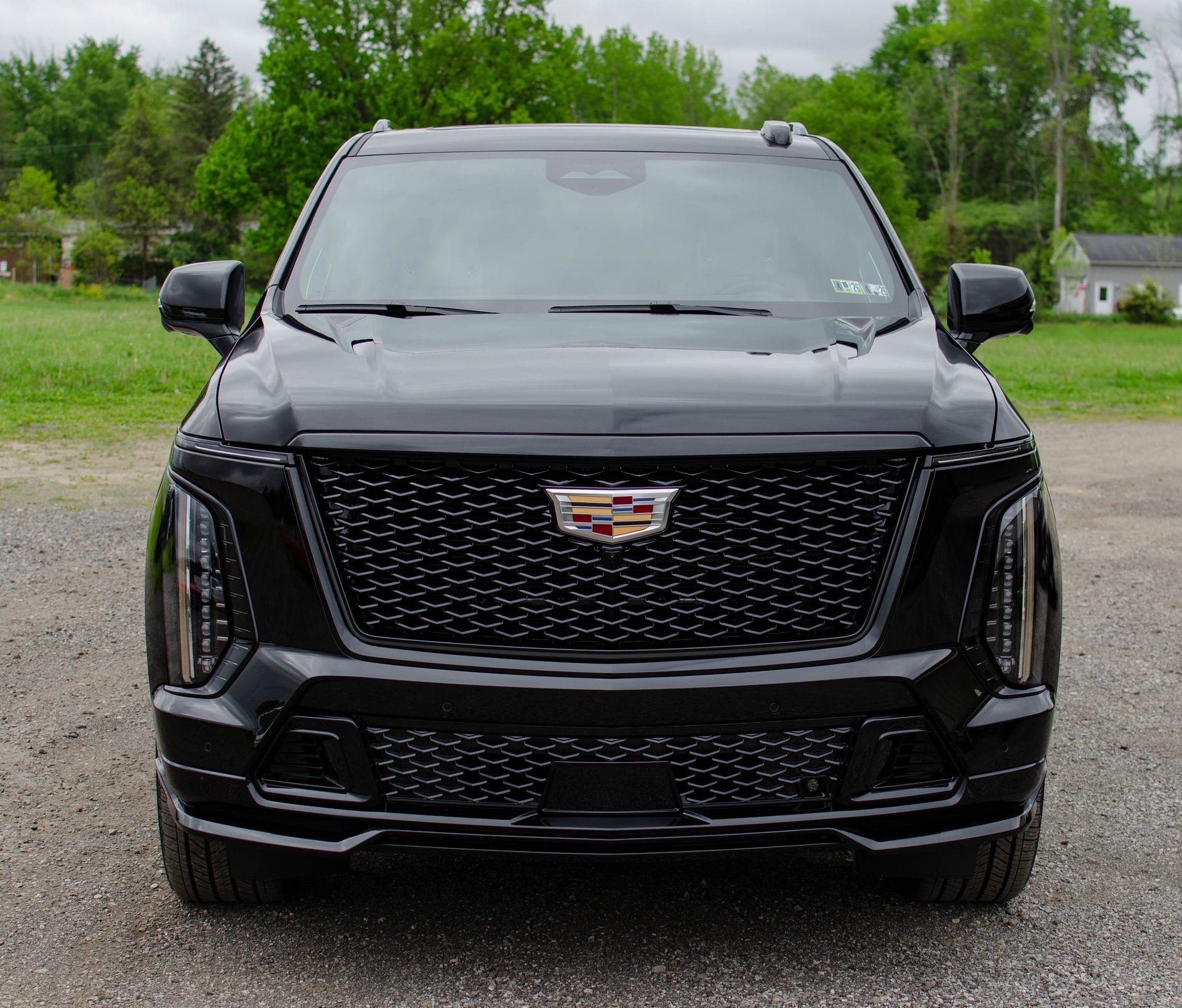 Black Cadillac SUV front view parked outdoors on a wet lot, with trees and houses in the background