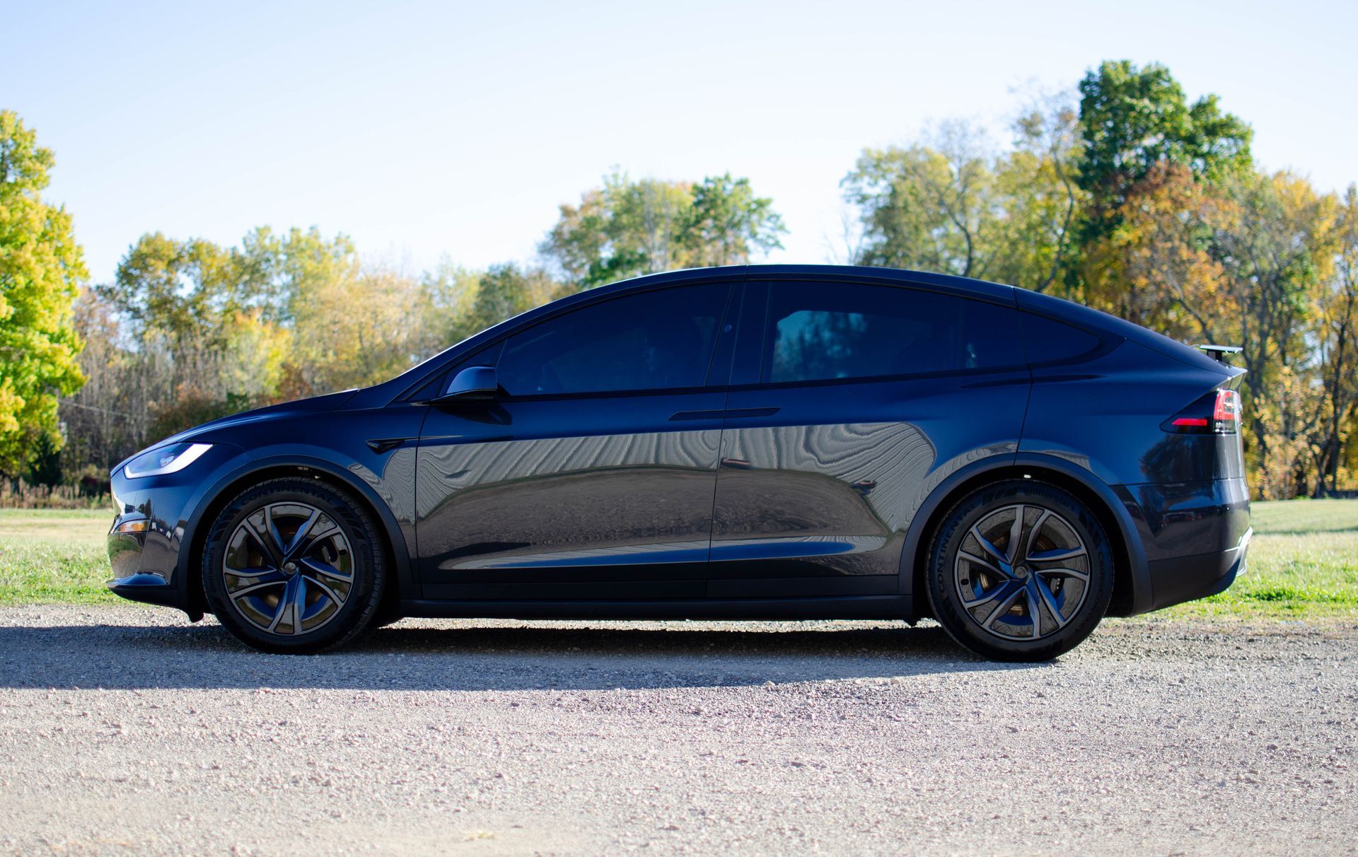 Dark blue Tesla SUV parked on a roadside with trees in the background