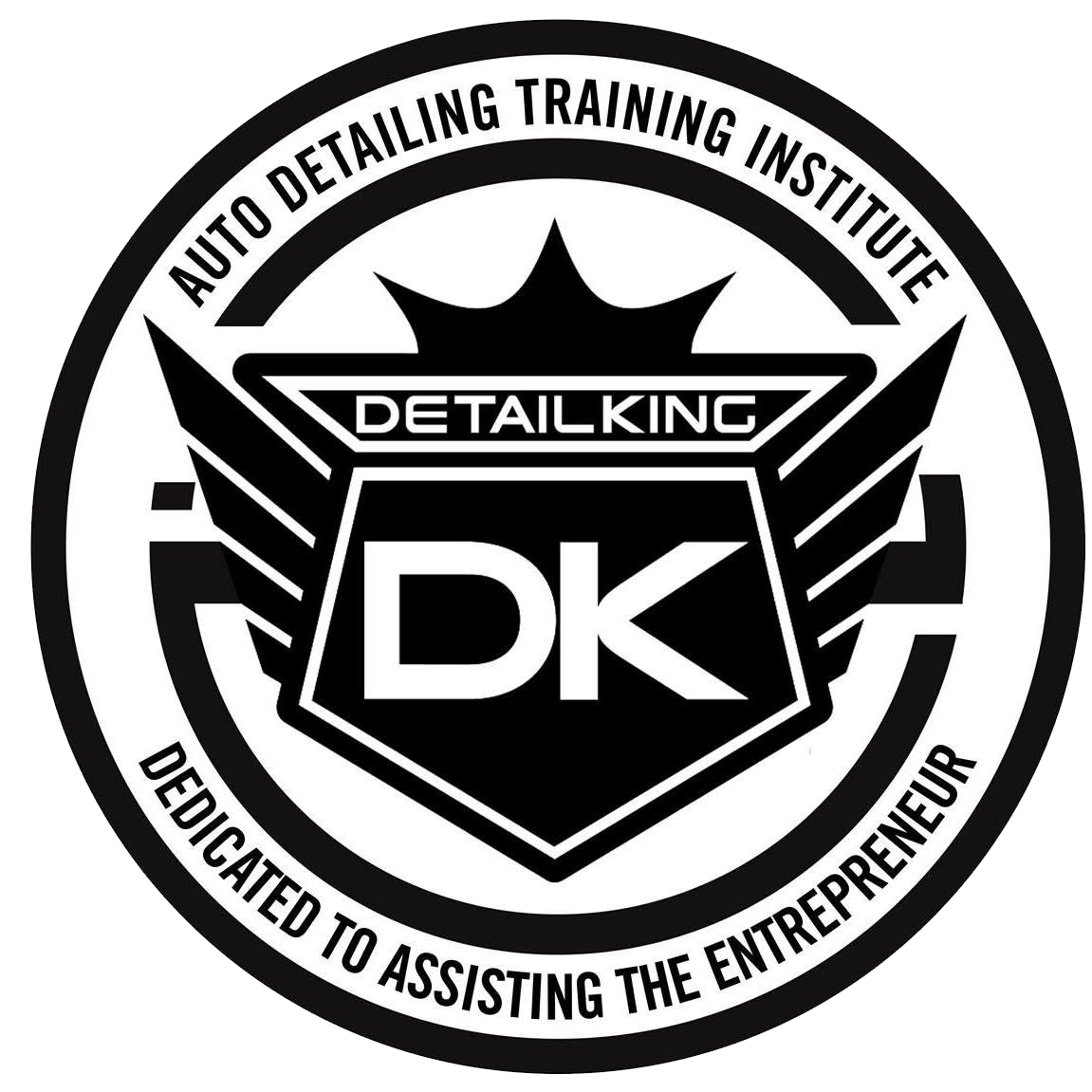 Black-and-white logo for Auto Detailing Training Institute, featuring a shield with “DETAILKING DK” and tagline.