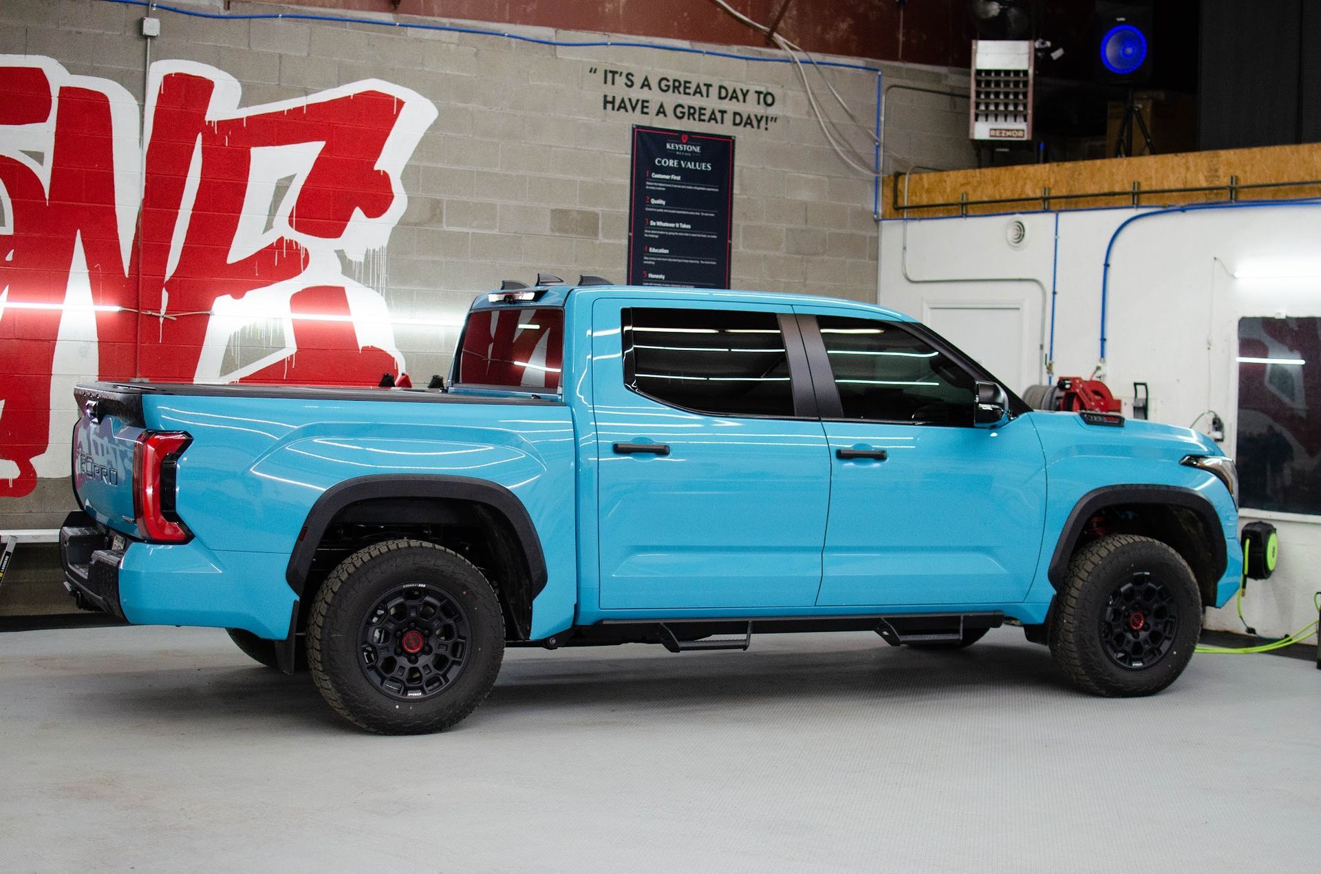 Toyota Tacoma TRD Pro with rear window tint completed at Keystone Detail near Erie, PA