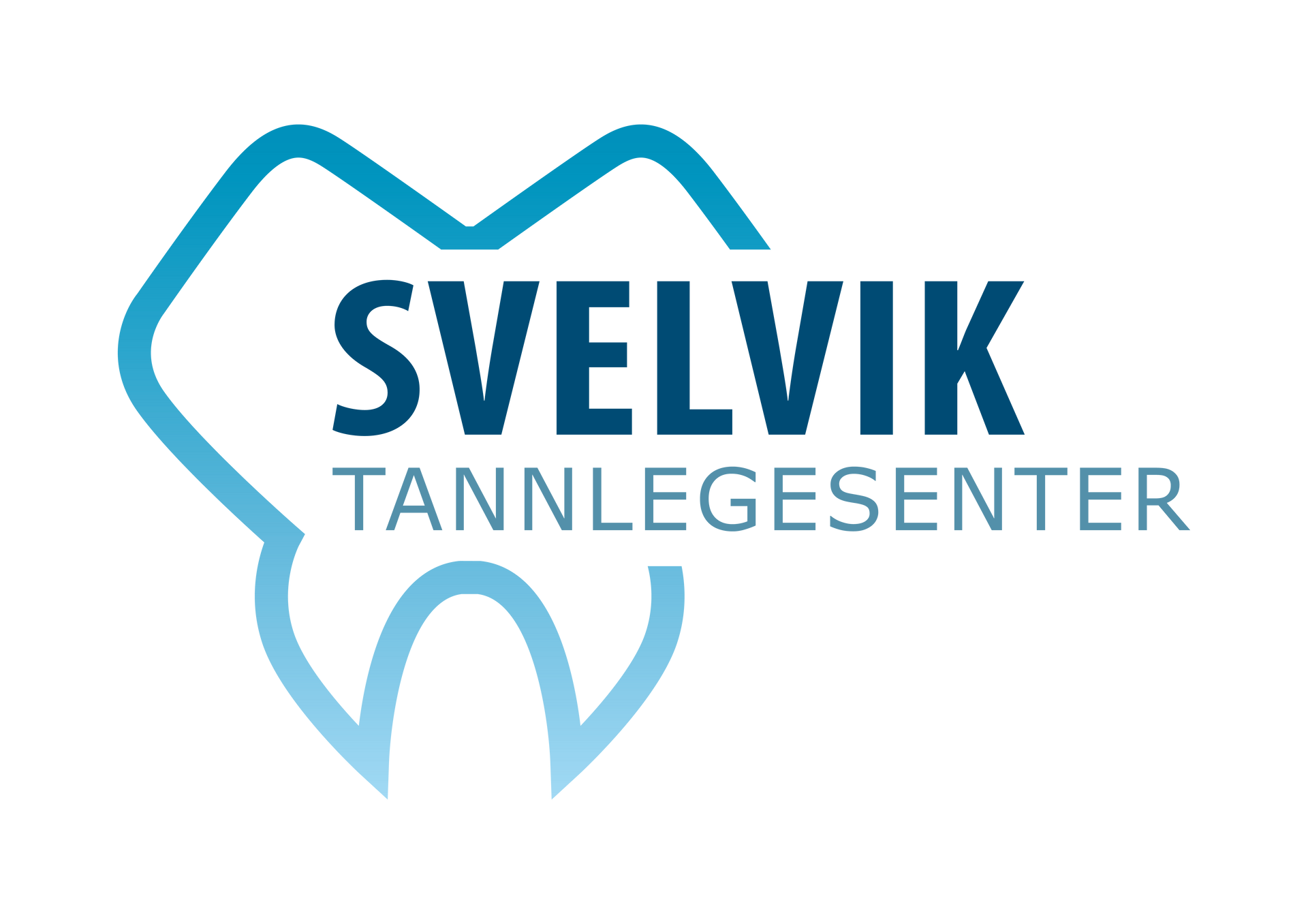 Logoen til Svelvik Tannlegesenter, et tannlegesenter. Har en tannomriss og blå tekst.