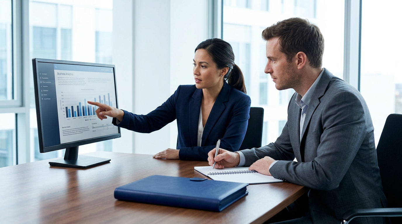 Two coworkers review a bar chart on a desktop monitor in a bright office.