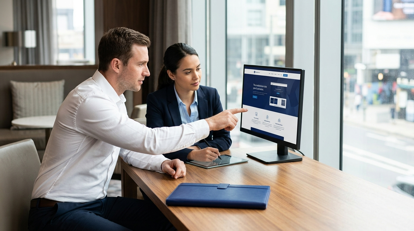 Two coworkers reviewing a business dashboard on a desktop monitor in a bright office