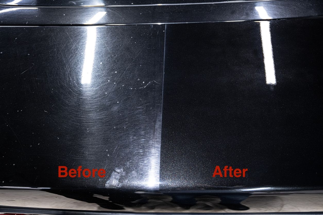 A split-screen comparison showing a dull, scratched black car surface on the left and a polished, shiny surface on the right.