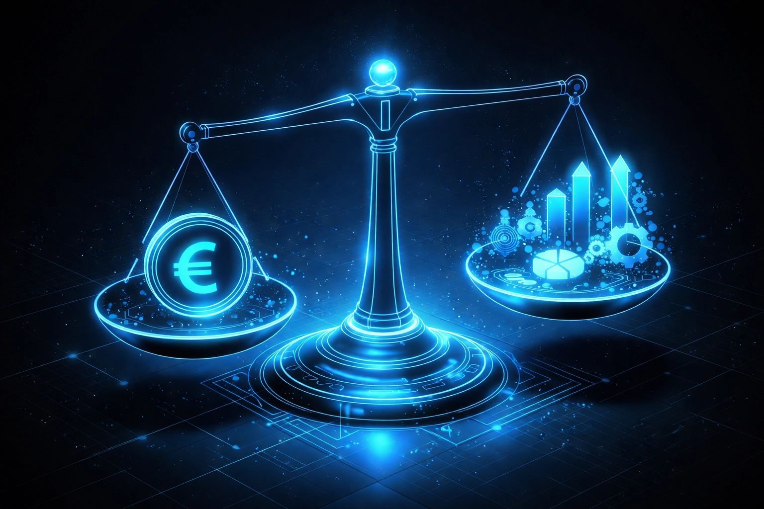 Glowing blue scale balancing a euro symbol with charts and gears. Represents financial data and value.