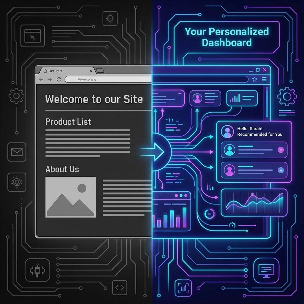 Website interface transitioning to a personalized dashboard with circuit board design.