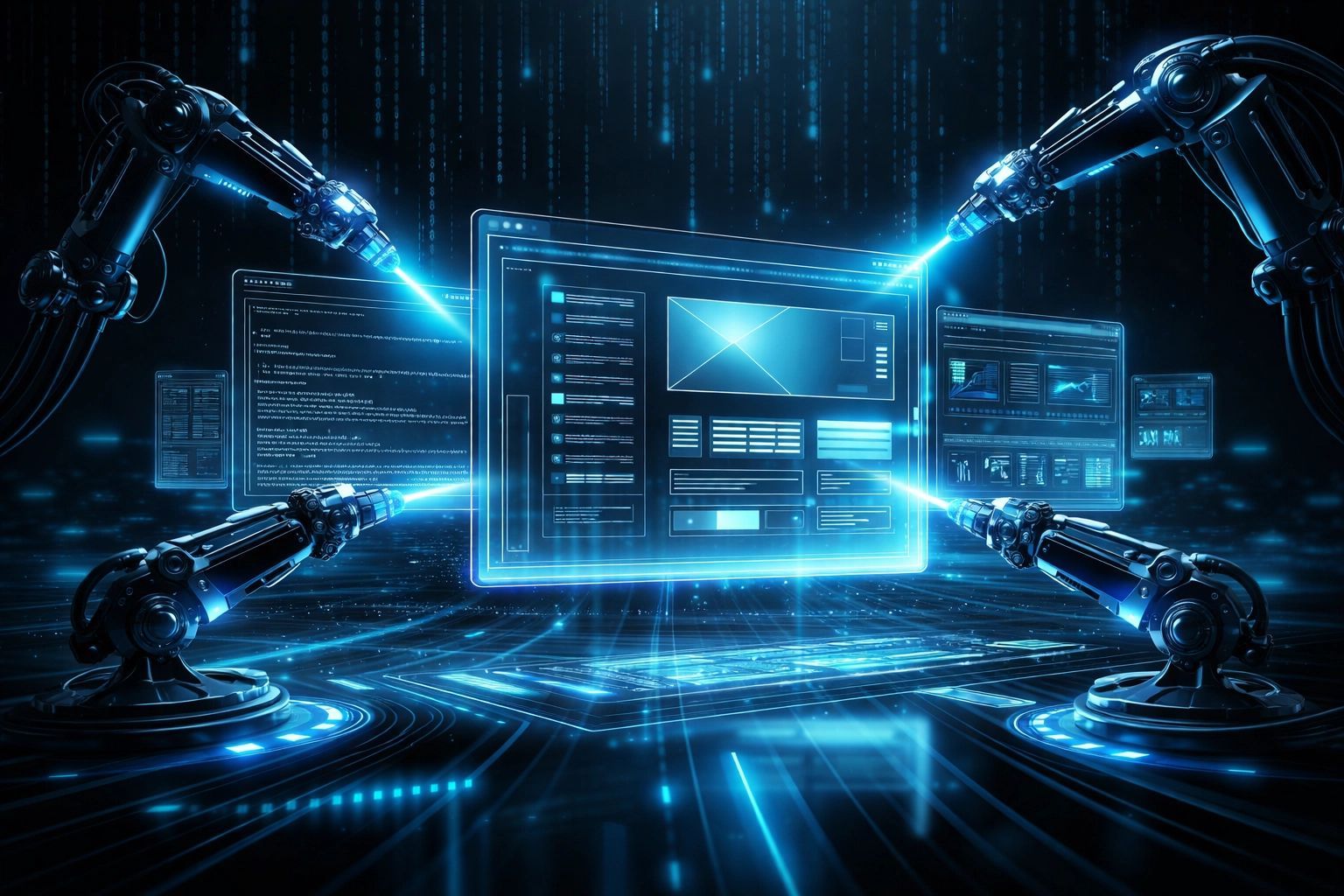 Robotic arms interacting with glowing digital screens and data streams.
