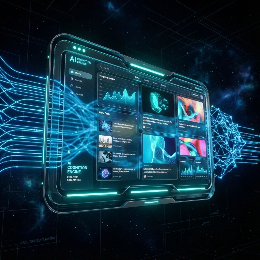 Futuristic tablet displays data visualizations with glowing blue energy lines in a space-like setting.