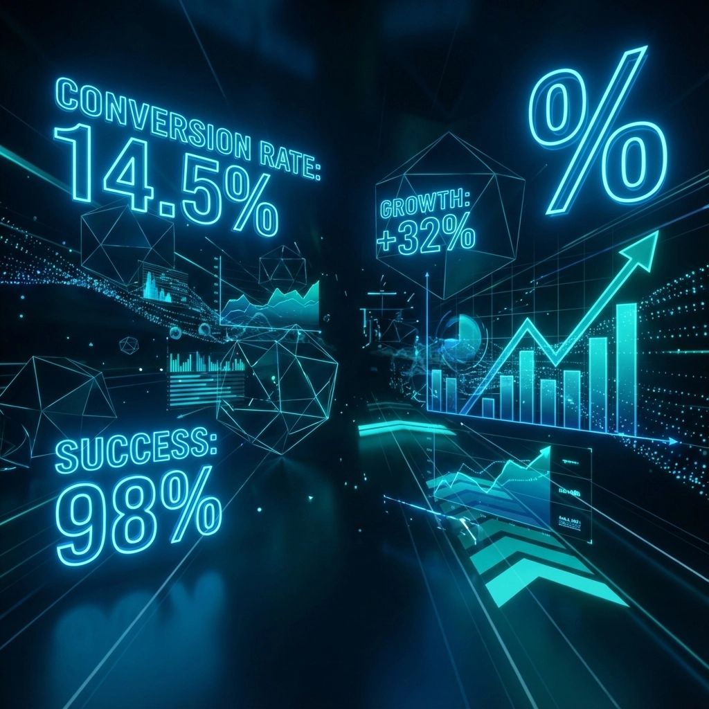 Digital interface displaying conversion rate, growth, and success percentages with graphs and data visualizations in neon blue.