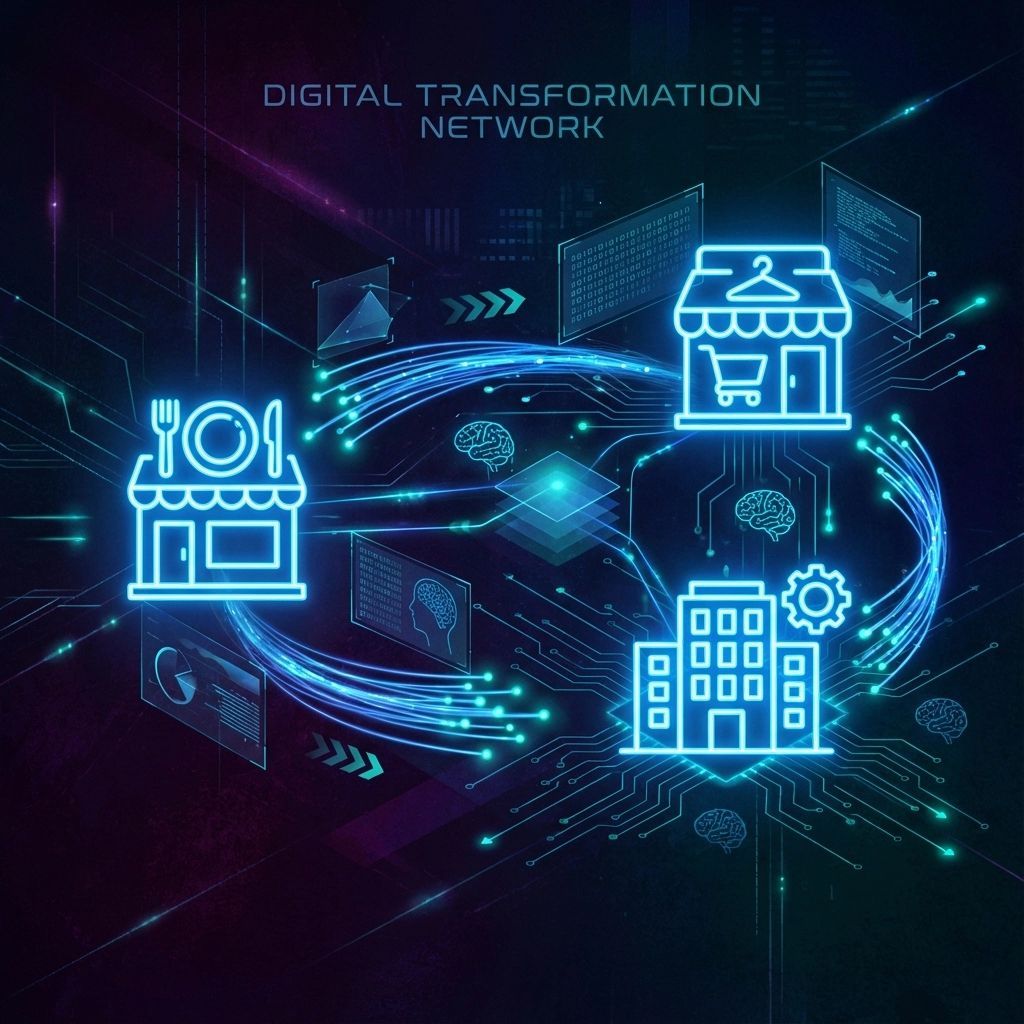 Digital transformation network with stylized icons of a restaurant, store, and office building connected by glowing blue lines.