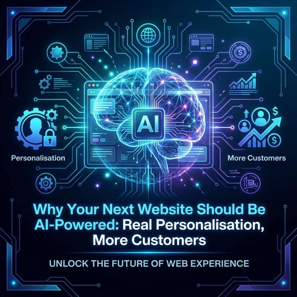 AI-powered website concept: glowing brain, circuit board, icons for personalization and customer growth, tagline: 