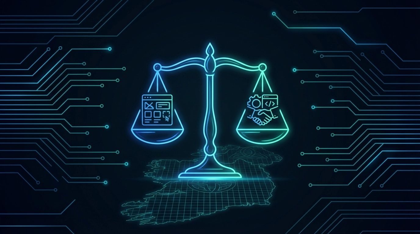 Scales of justice with a website icon and handshake icon; set against a circuit board background with Irish outline.