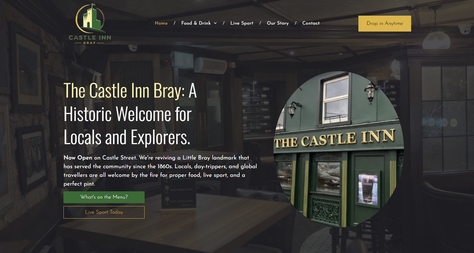 The Castle Inn Bray homepage with a green exterior photo, white text, and a 