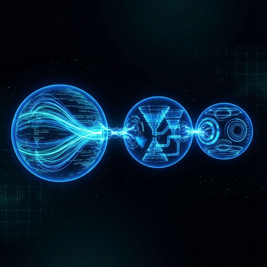 Glowing blue spheres connected by lines, with abstract tech patterns on a dark background.