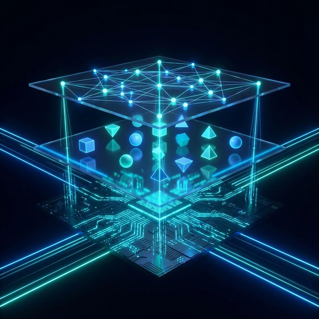 Futuristic digital data cube with glowing lines, geometric shapes, and circuit board details.