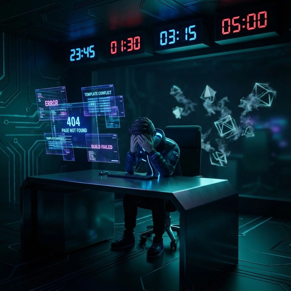 A person at a computer, stressed, surrounded by error messages. Neon blue-lit tech room. Digital clock displays multiple times.