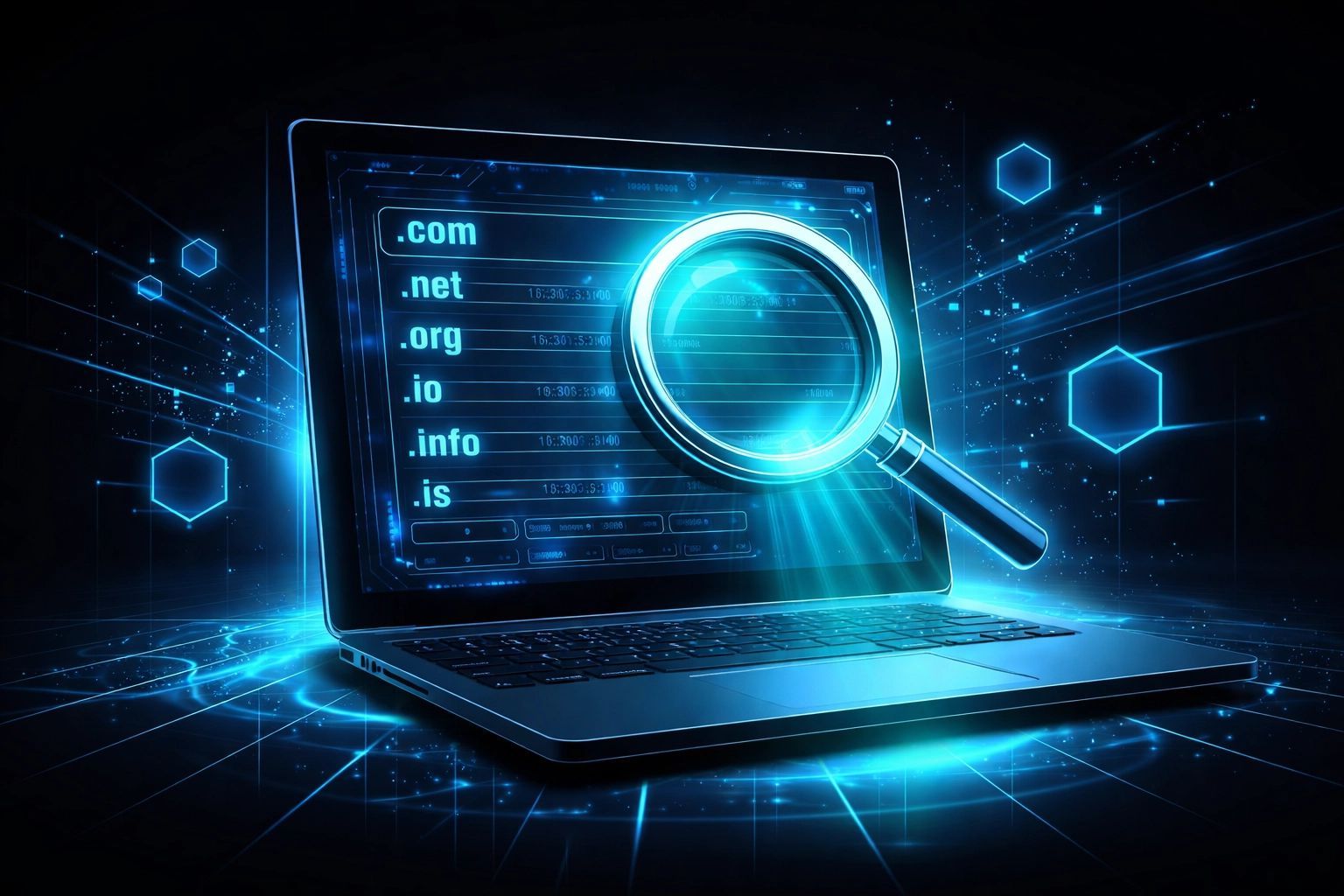 Glowing blue laptop with magnifying glass over domain extensions, symbolizing online search.