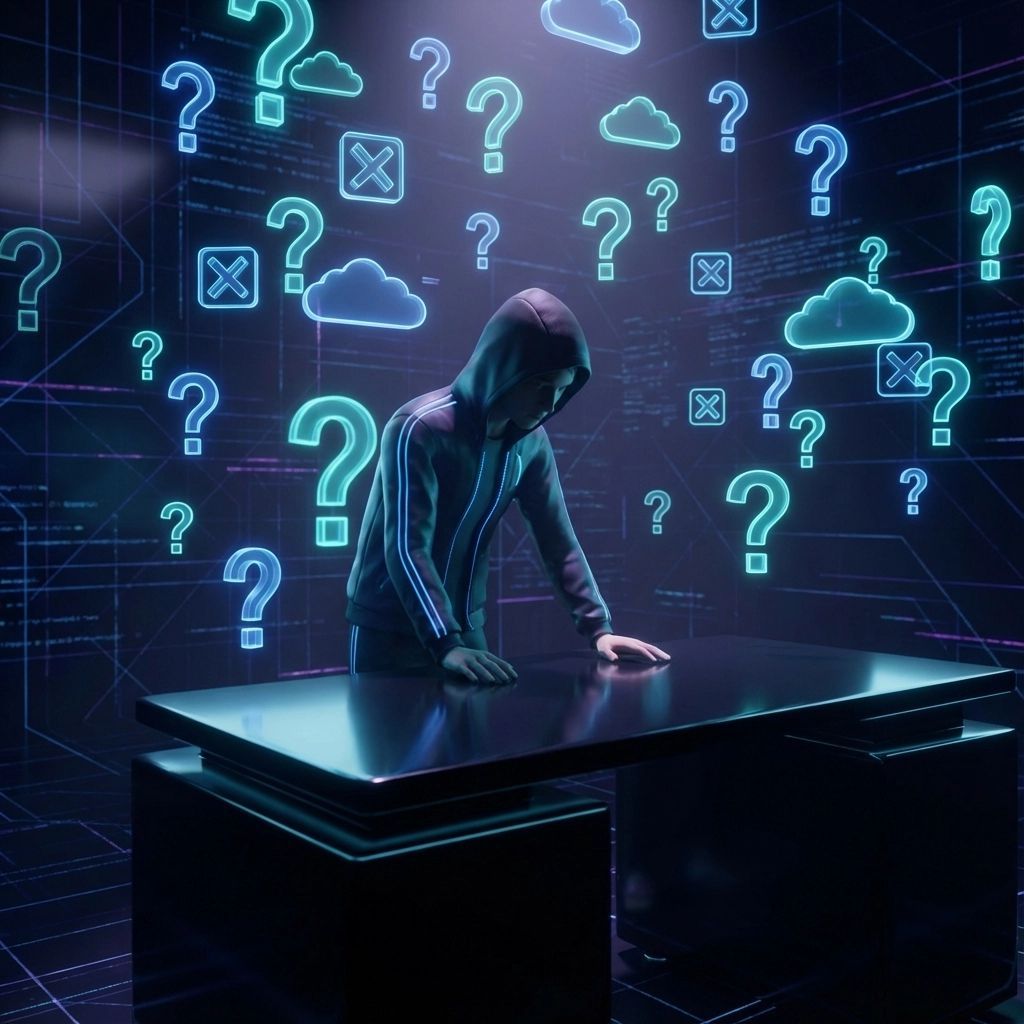 A person in a hoodie standing at a desk, surrounded by floating question marks, in a digital setting.