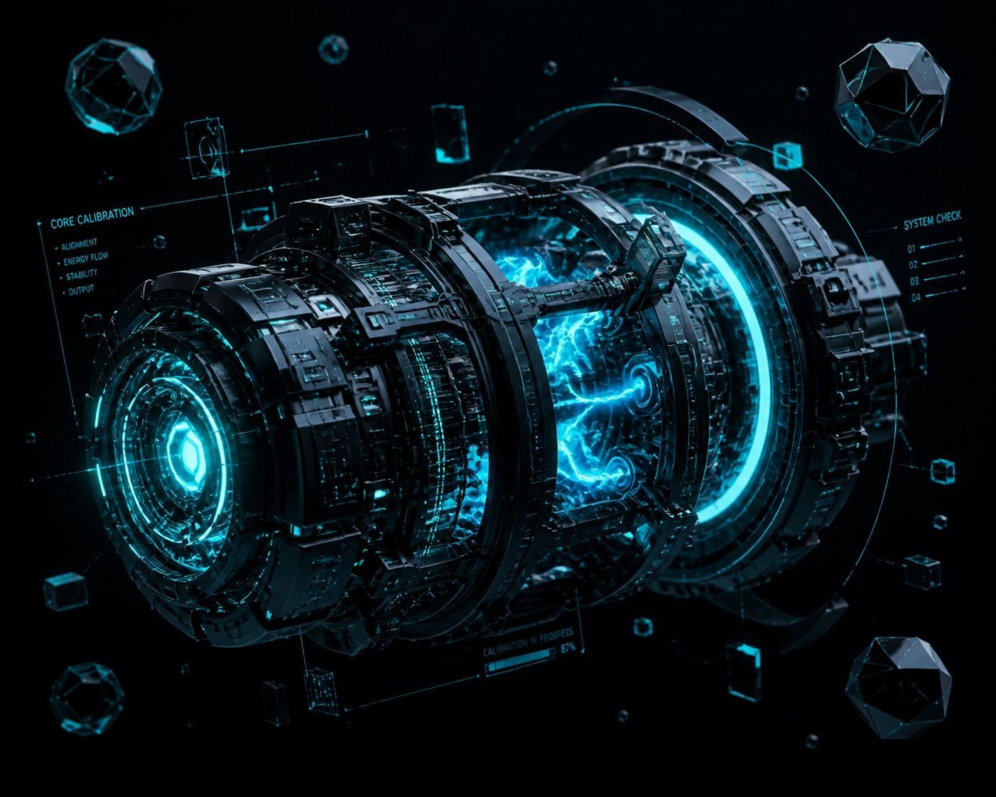 Glowing blue futuristic engine core with digital HUD elements on a dark background