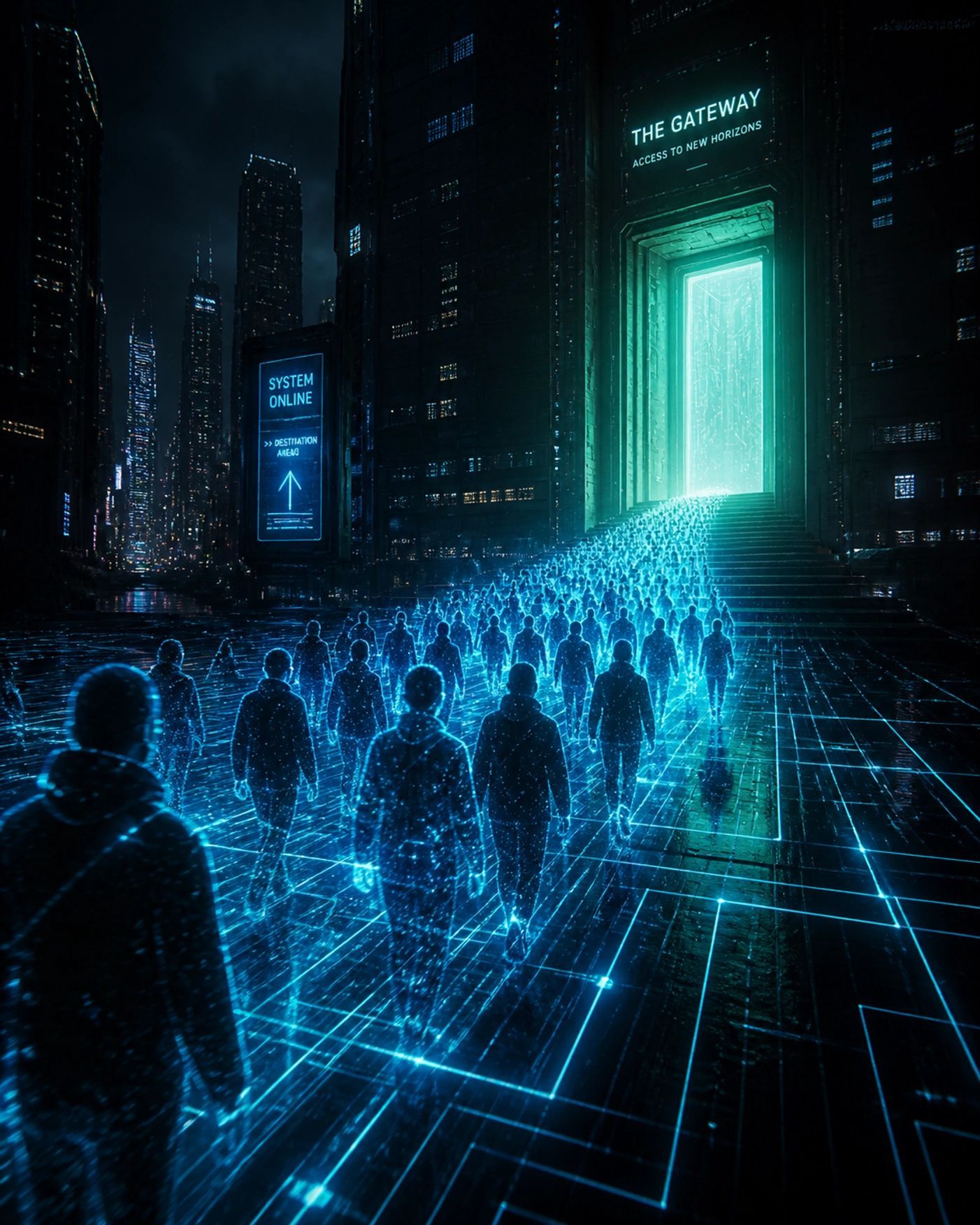 Crowd walking through a neon blue digital city toward a glowing green portal