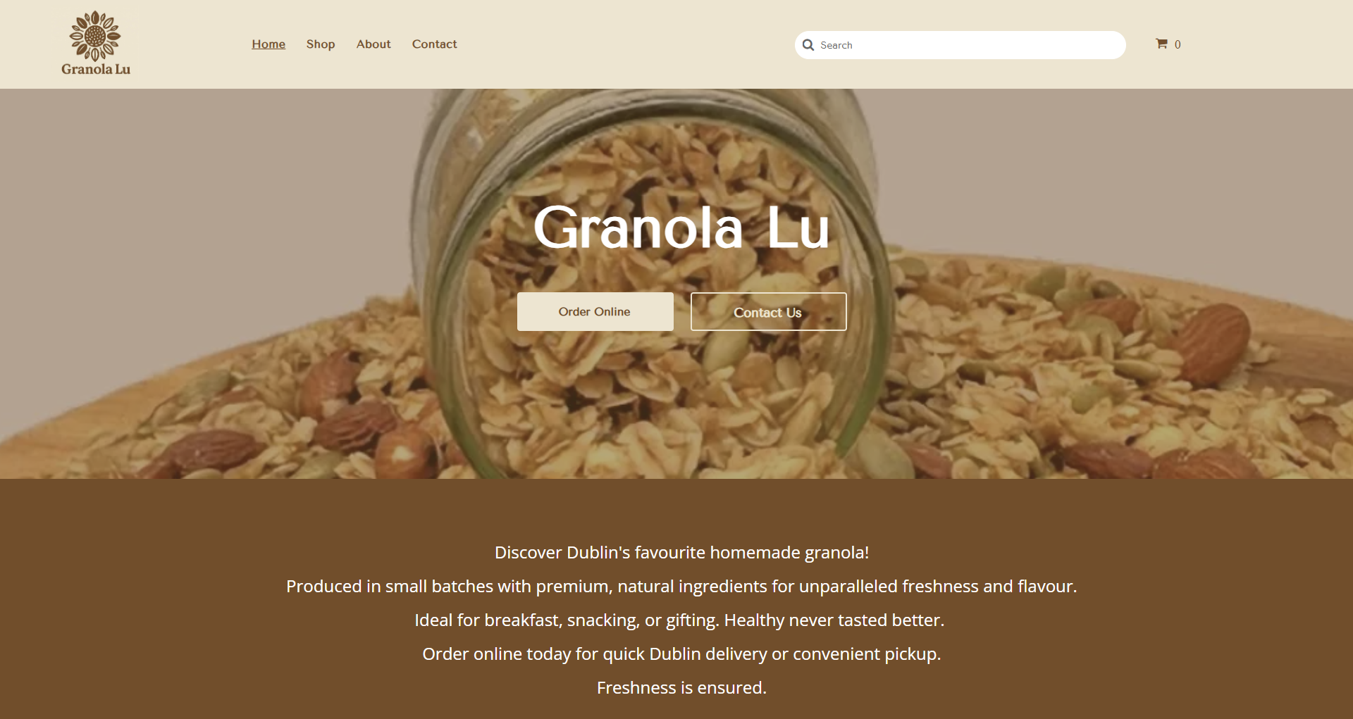 Homepage for Granola Lu, showing a jar of granola over a bowl, with navigation and branding on a neutral color palette.