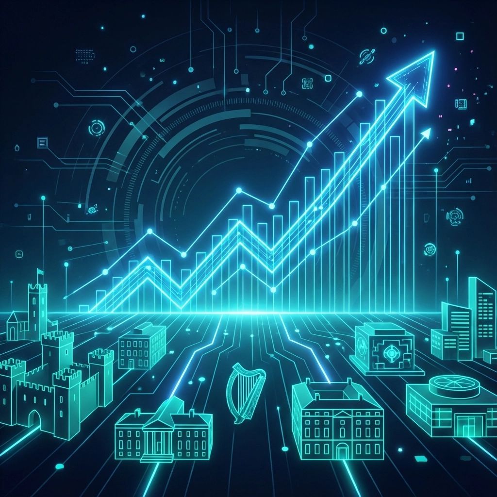 Glowing blue cityscape with a rising financial graph, interconnected lines, and Irish landmarks.