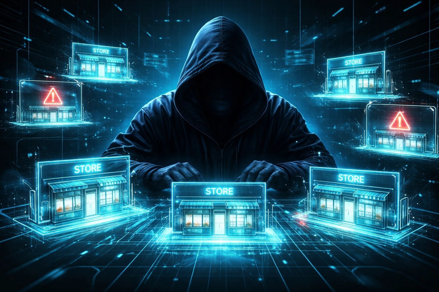 Hooded figure surrounded by glowing digital store icons. Two have warning signs. Cyberattack concept.