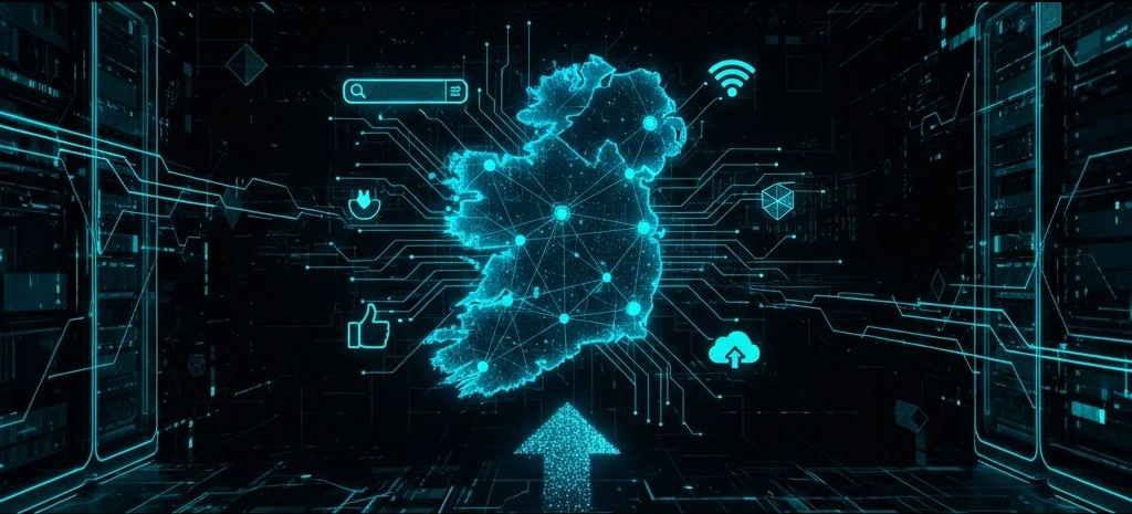 Digital graphic of Ireland outlined in teal, surrounded by circuit board elements and icons.