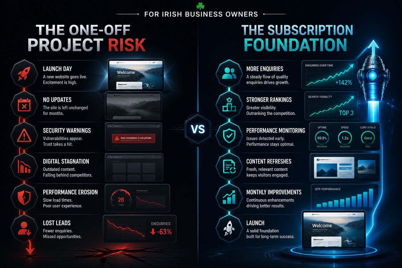 Dark blue infographic comparing one-off project risk with the subscription foundation model