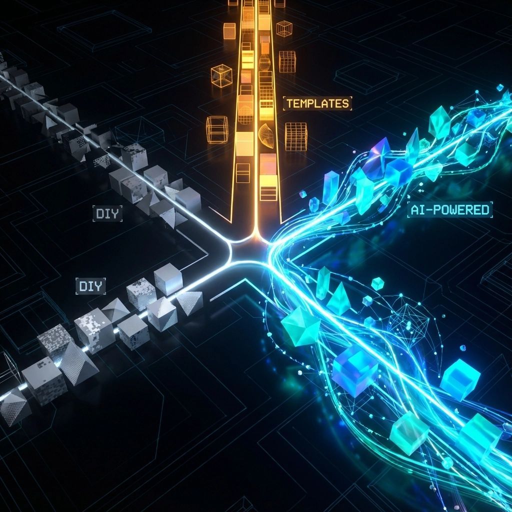 Diagram showing data flow: DIY and Templates merge, processed by AI-powered blue stream.