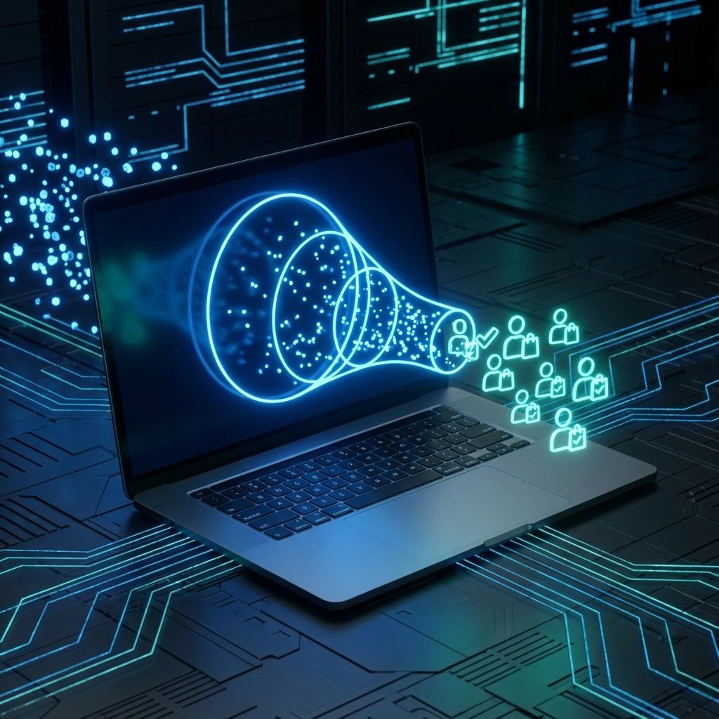 Laptop with a neon megaphone projecting people, on a tech-themed surface.