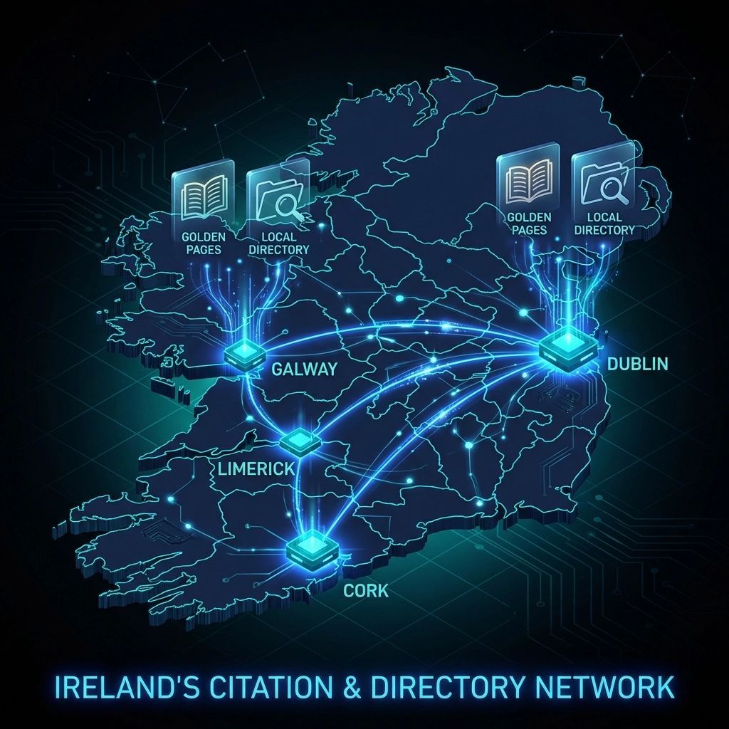 A network map of Ireland with illuminated nodes connecting cities and search icons, labeled