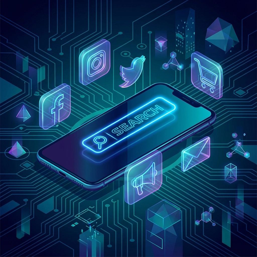 Smartphone with a glowing search bar, surrounded by social media icons and circuit board lines.