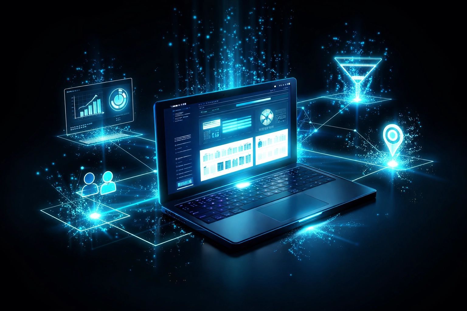 Laptop surrounded by glowing blue data visualizations and icons.