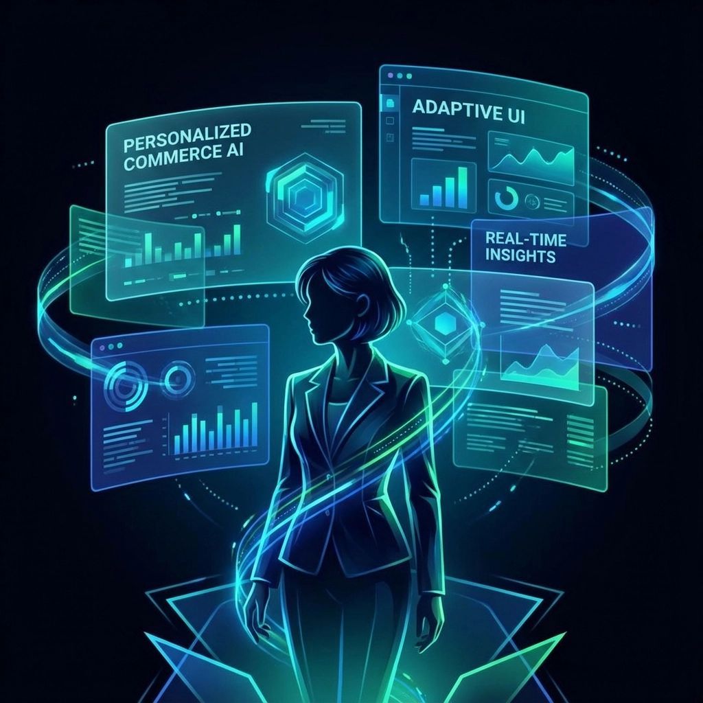 Woman in suit surrounded by glowing data visualizations, representing personalized AI commerce and real-time insights.