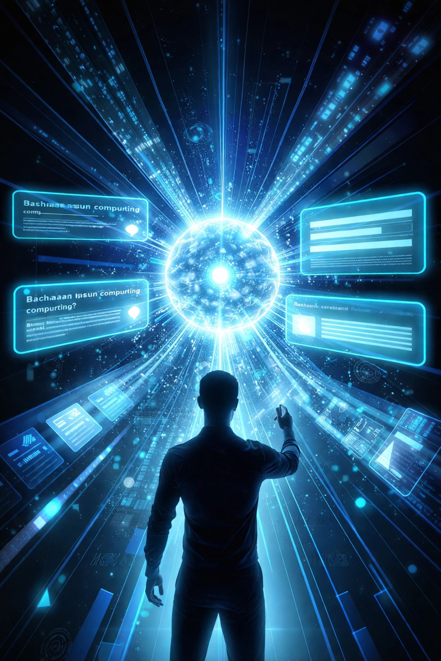 Silhouette of person interacting with glowing blue data streams and screens emanating from a central sphere.