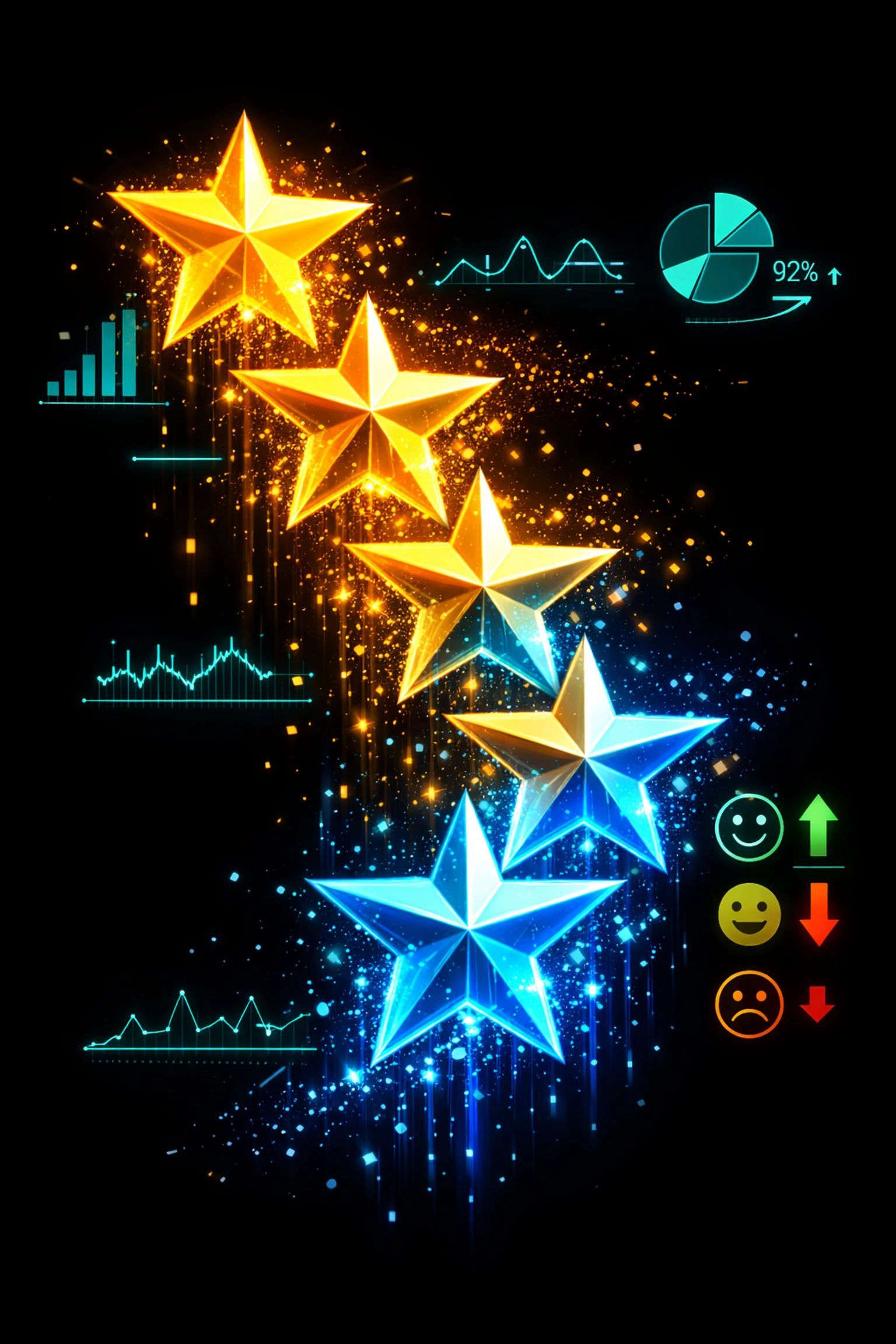 Five glowing stars, gold to blue, with data visualizations and emoticons on a dark background.