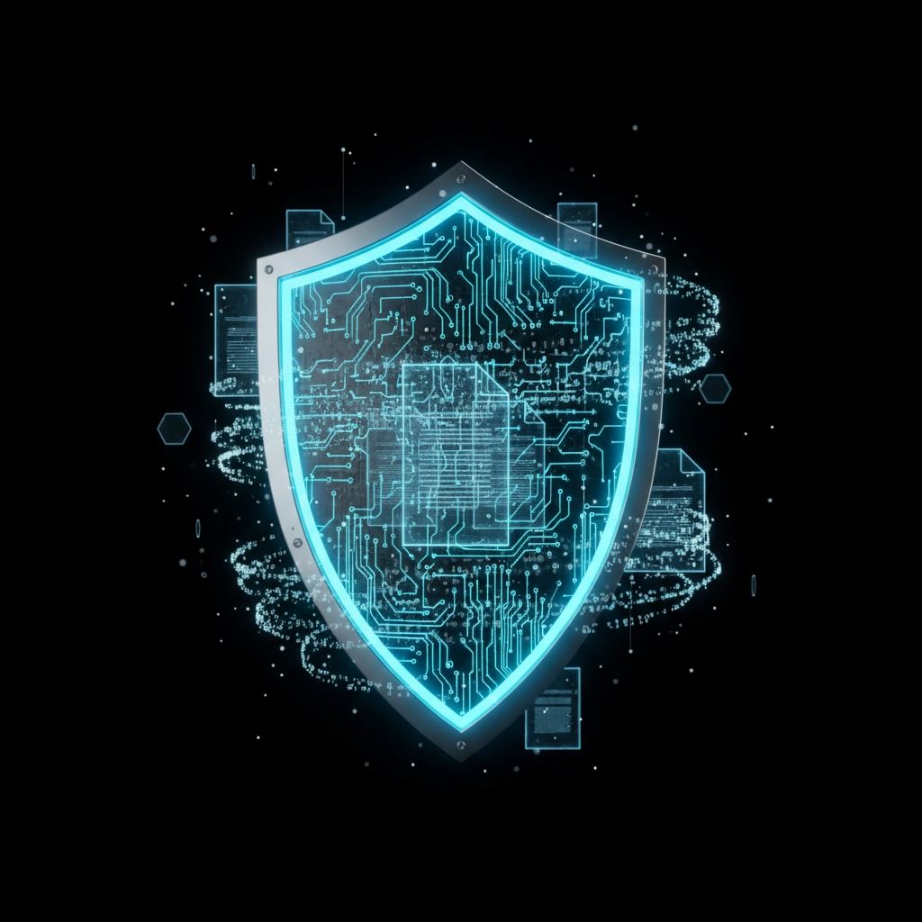 Glowing blue shield with circuit board design, protecting digital files on a black background.