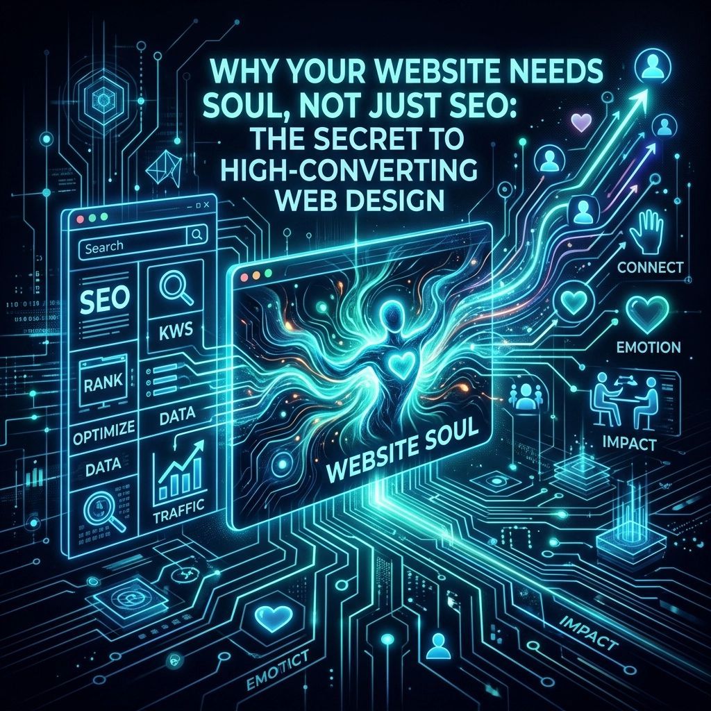 Neon blue web design infographic with text about SEO, conversions, and website soul.