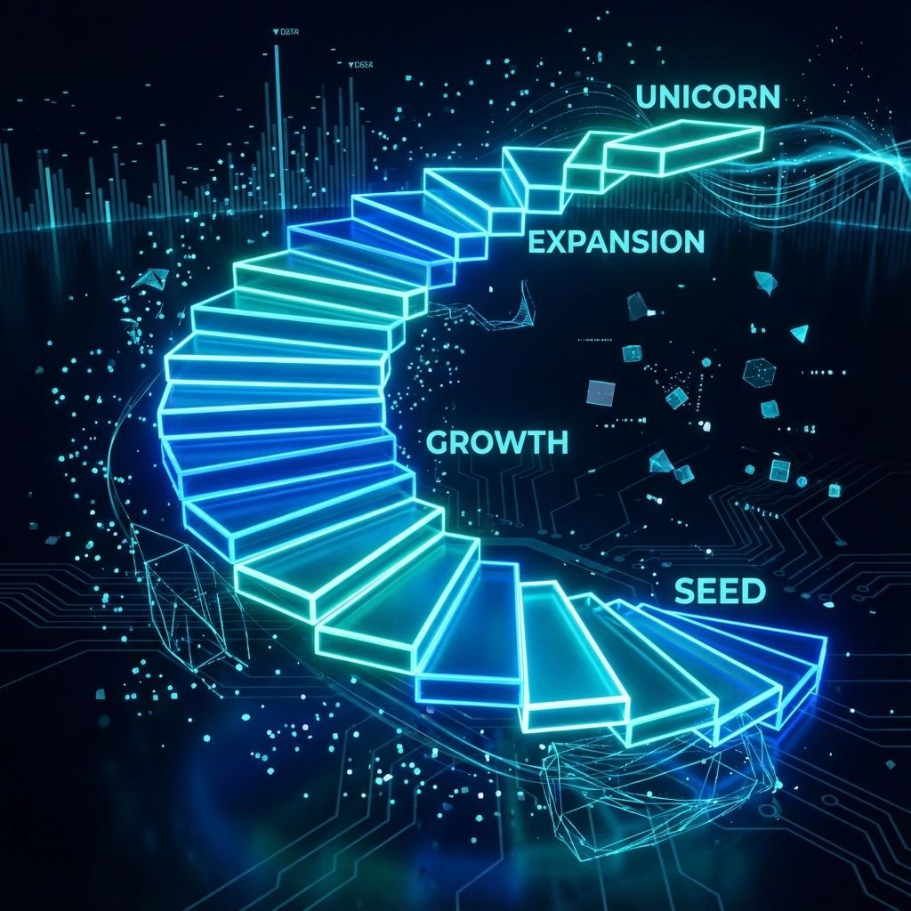 Staircase spiraling upwards with glowing blue steps labeled 