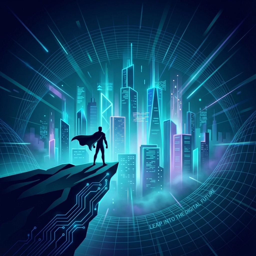 Superhero silhouetted on a cliff overlooking a futuristic, neon-lit cityscape. Circuit board design on the cliff.